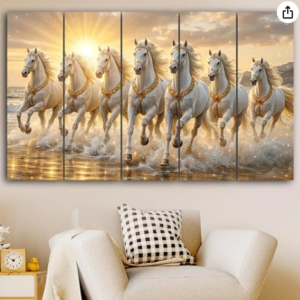 Maxstone 7 Running Horses Wall Painting – 30 × 60 Inch Maxstone 7 Horses Wall Painting for Living Room Big Size - 7 Running Horses Painting Vastu for Bedroom, Office, Hotel - Wall Decor Digital Painting Wooden Framed for Gifting